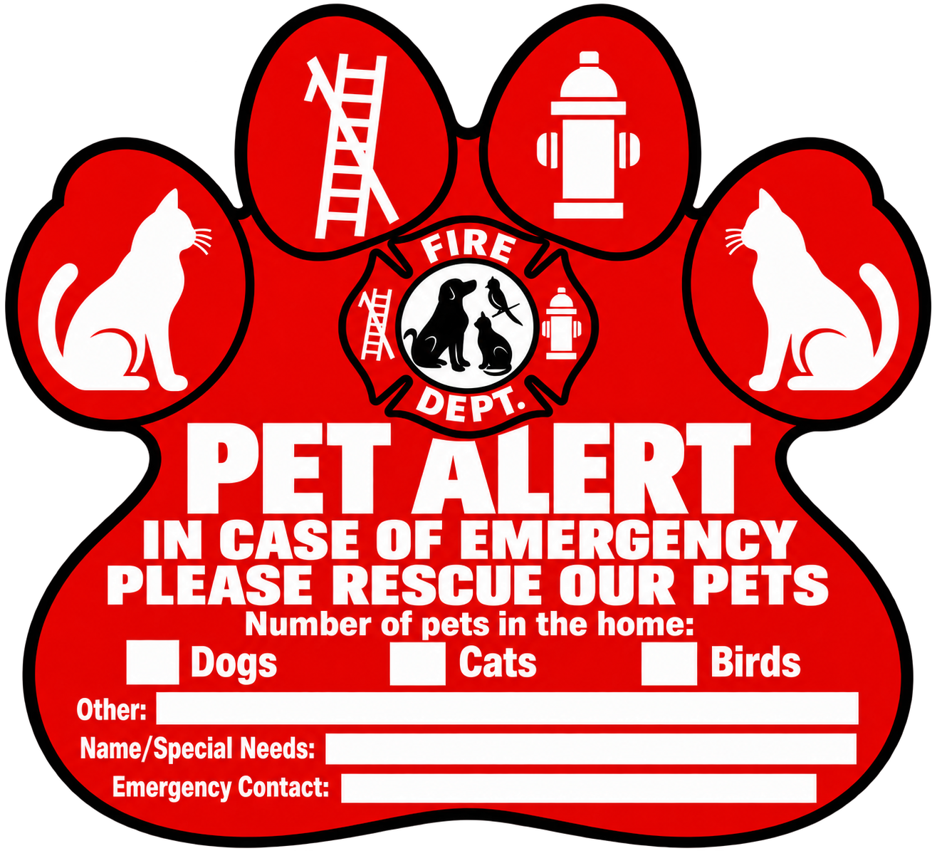 Red cat-paw Pet Alert with cat silhouettes, fire department badge, pet counts and emergency contact fields