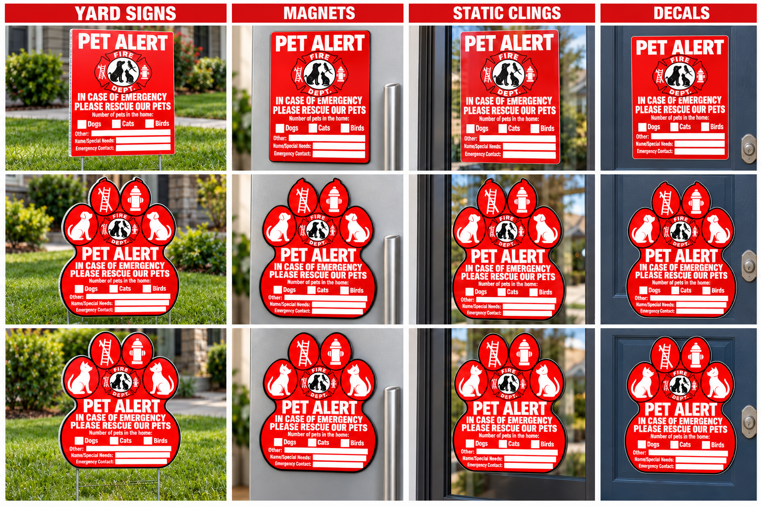 Nine Pet Alert products shown as yard signs in grass, magnets on a refrigerator and static clings on glass, in rectangular, dog-paw and cat-paw shapes